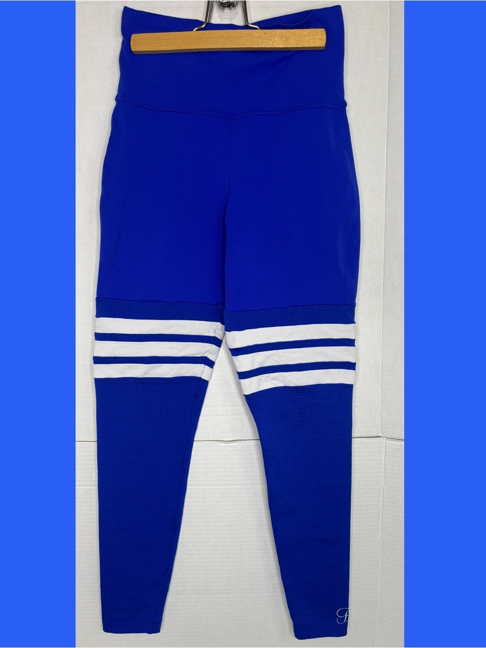 Bombshell Sportswear Women’s Blue High-Waist Leggings White Stripes Workout Gear